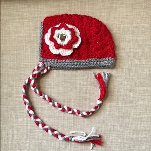 Red and Gray Kids Crochet Hat with Flower